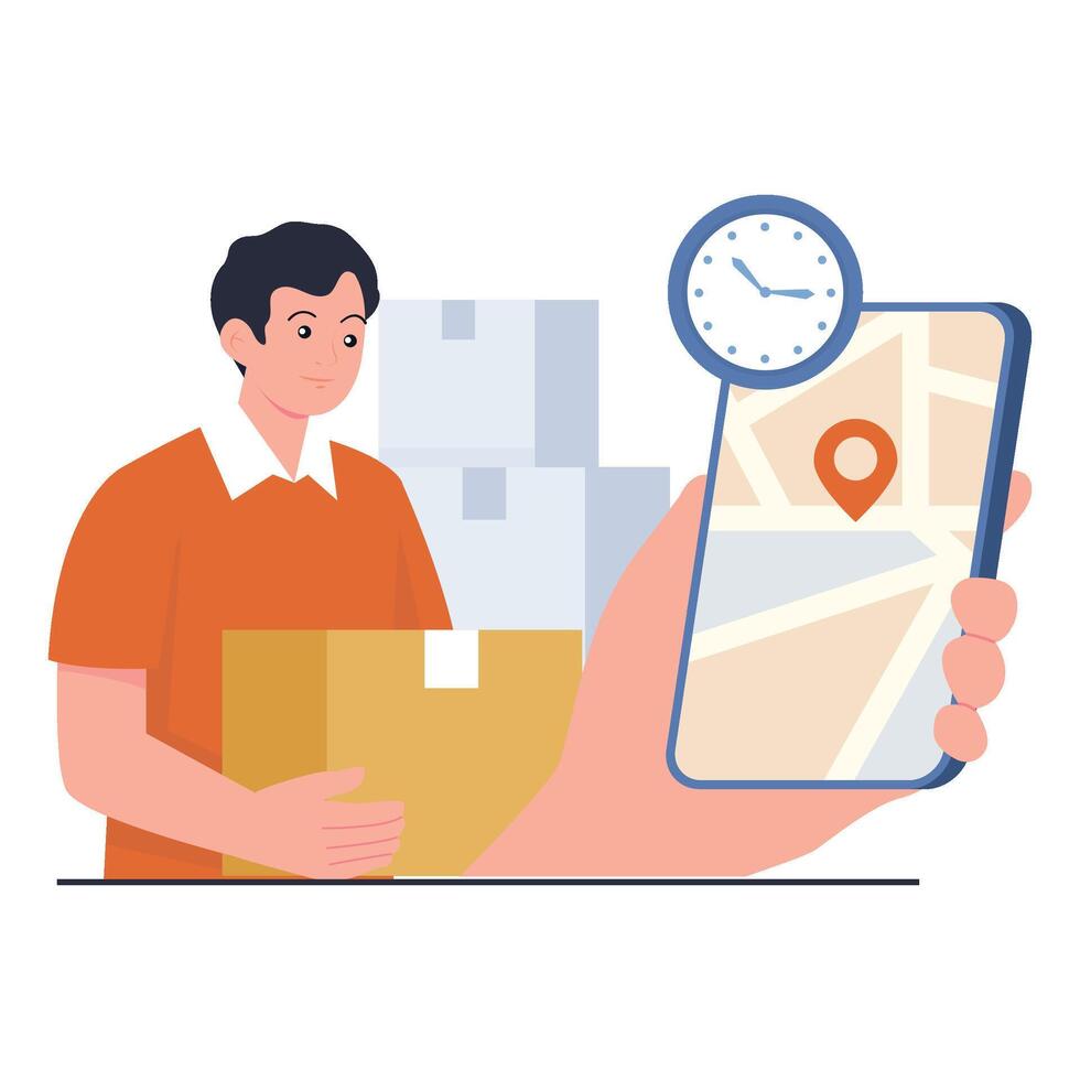 A courier monitors parcel delivery with a mobile app showing location and time tracking. vector
