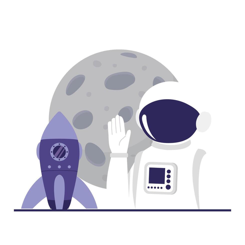 An astronaut waves beside a rocket ship on the moon, with a large moon surface in the background. vector