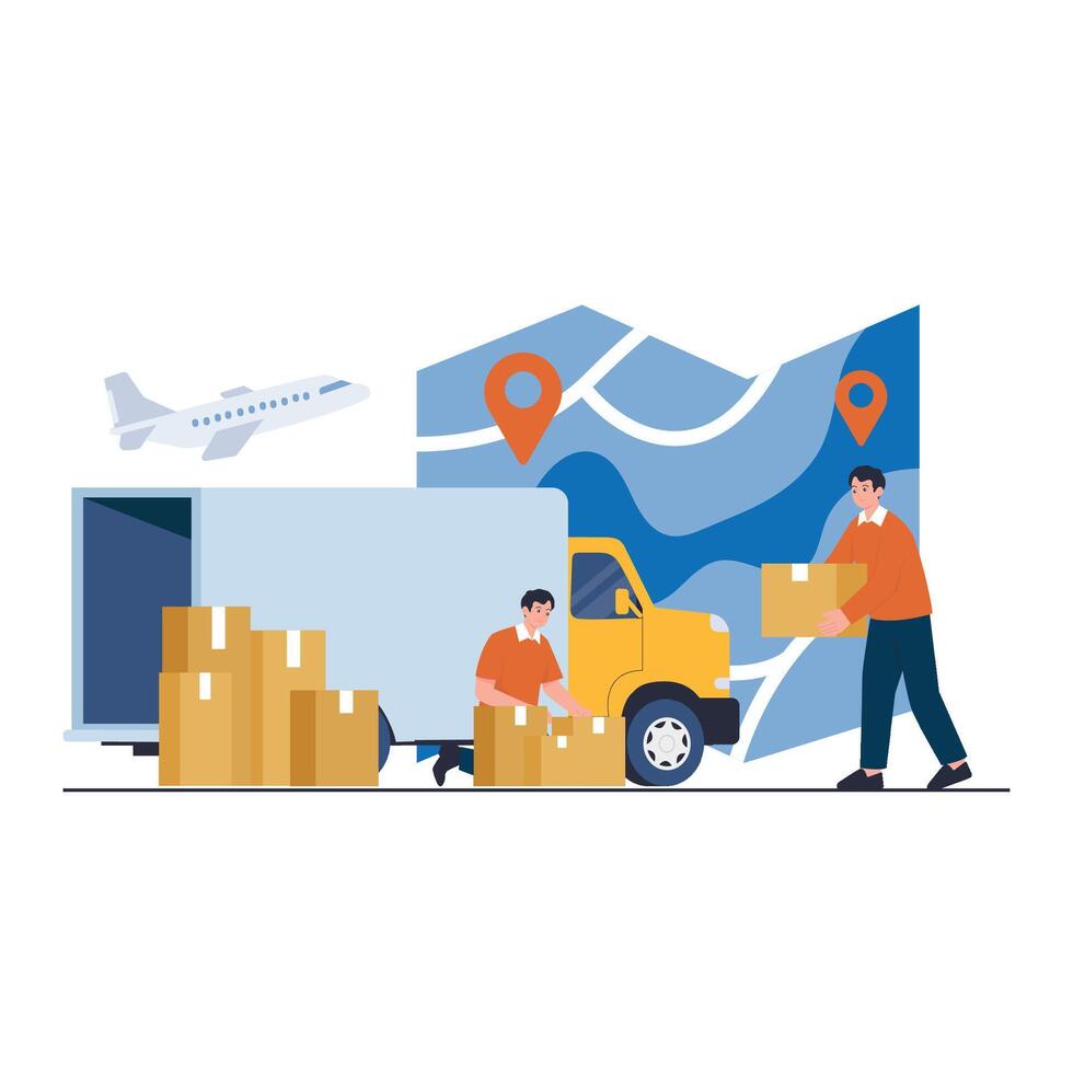 Workers prepare packages for delivery using truck transport with route map and airplane. vector