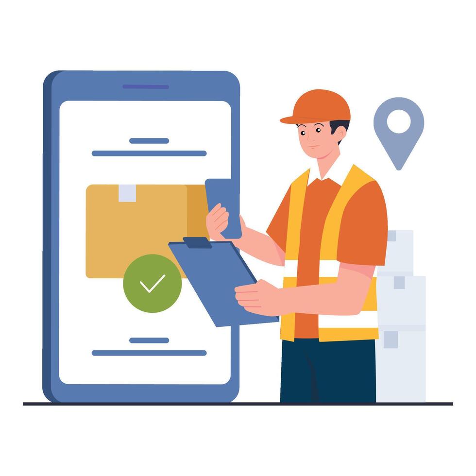 Logistics worker uses mobile and clipboard to confirm package delivery through an app. vector