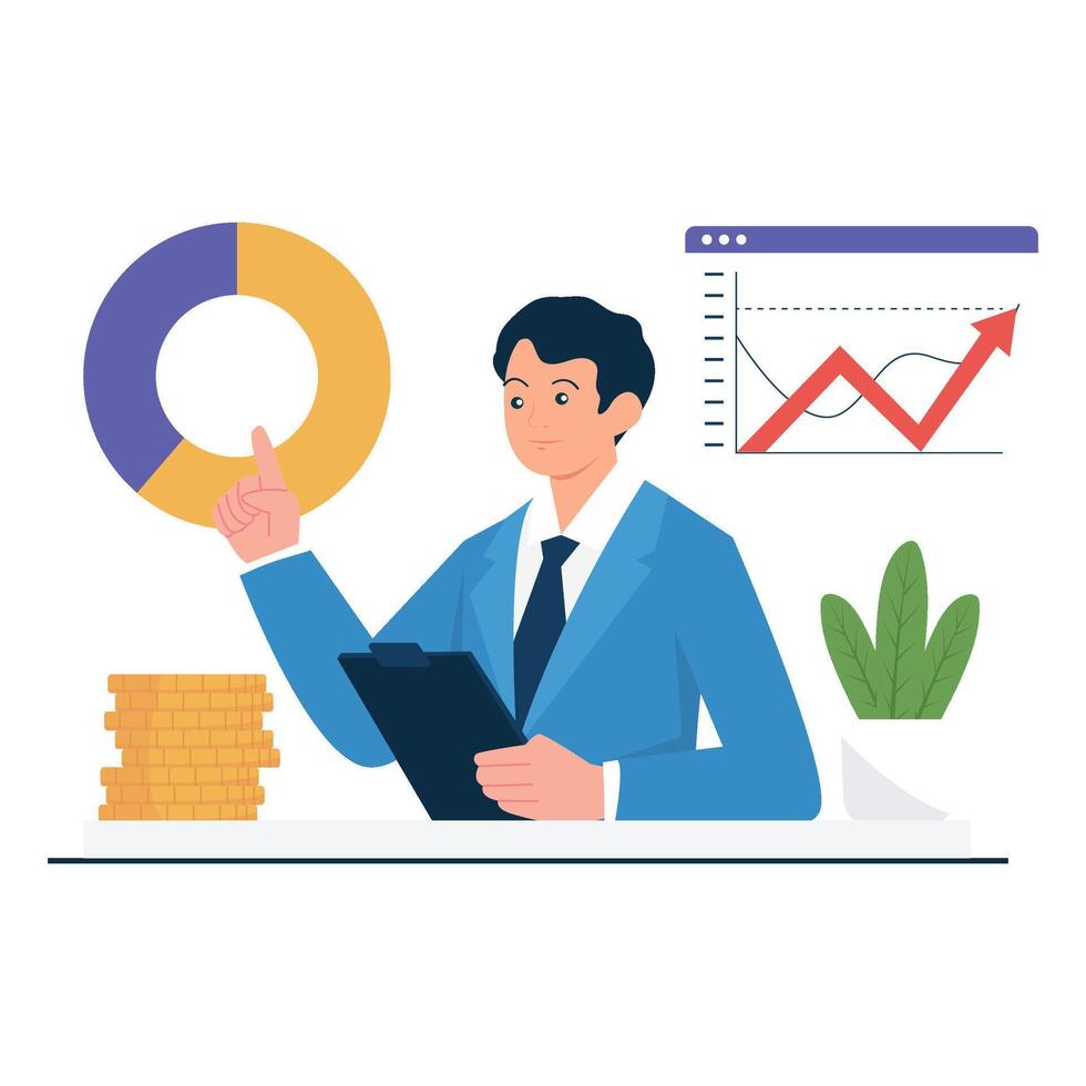 A man in a suit explains business strategy with pie charts and profit analytics on display. vector