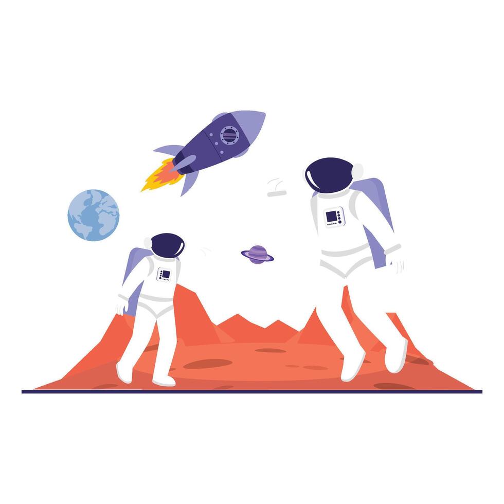 Two astronauts explore a red rocky planet as a rocket launches behind them with Earth and Saturn in the sky. vector