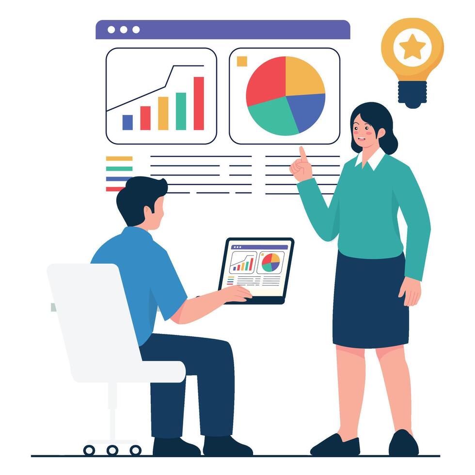 A woman presents graphs and charts while a man works on a laptop, showcasing financial analysis and data reports. vector