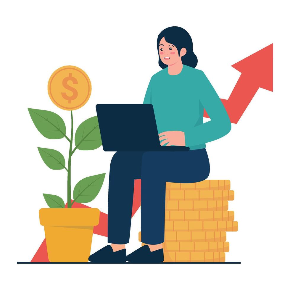 A woman sits on stacked coins using a laptop with a money plant and upward arrow, symbolizing online investment and financial growth. vector