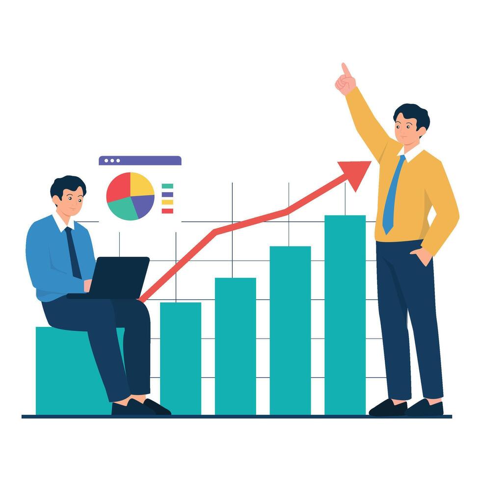 One man sits with a laptop while another points to a growing bar chart, presenting a successful business plan. vector