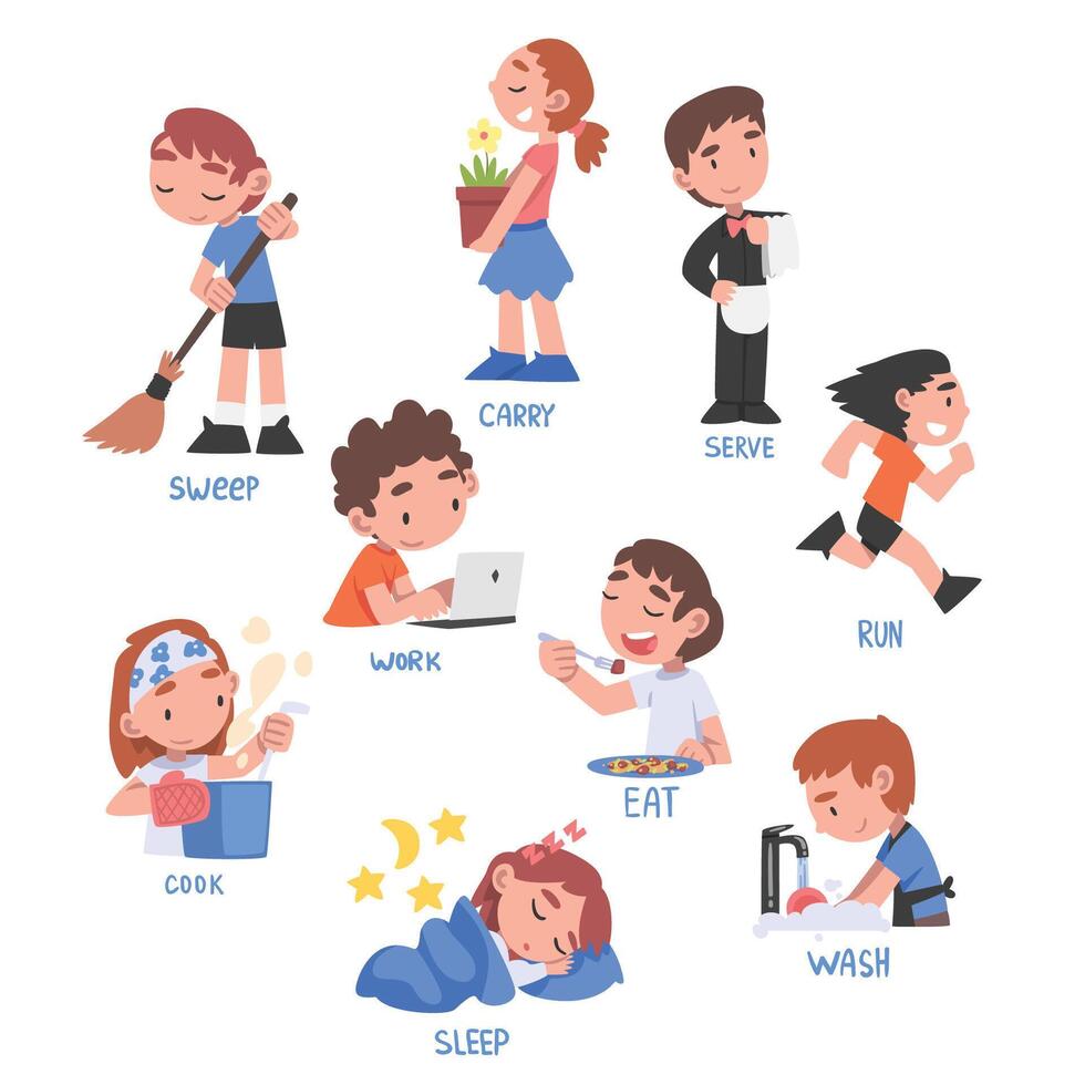 Action Verbs Set, Children Education Concept, Cute Kids Doing Activities Cartoon Style Illustration vector