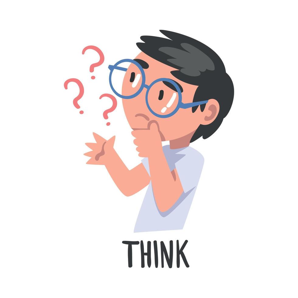 Think Word, the Verb Expressing the Action, Children Education Concept Cartoon Style, Cute Thinking Boy Illustration vector