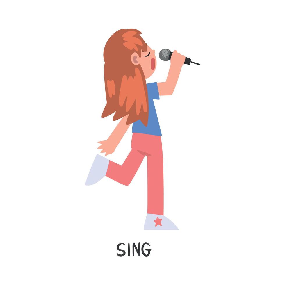 Sing Word, the Verb Expressing the Action, Children Education Concept, Cute Girl Singing with Microphone Cartoon Style Illustration vector
