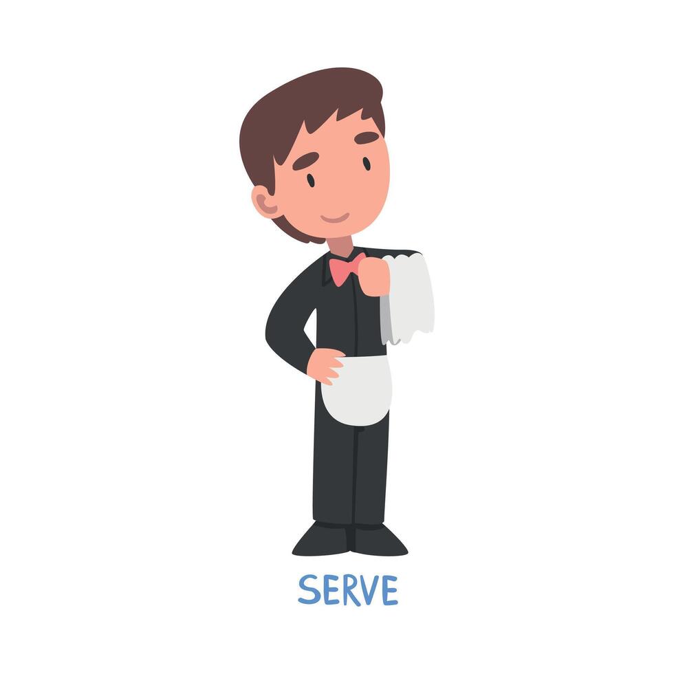 Serve Word, the Verb Expressing the Action, Children Education Concept Cartoon Style Illustration vector