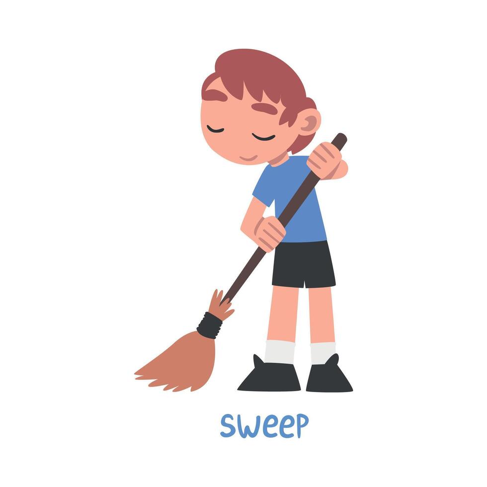 Sweep Word, the Verb Expressing the Action, Children Education Concept, Cute Boy Sweeping with Broom Cartoon Style Illustration vector
