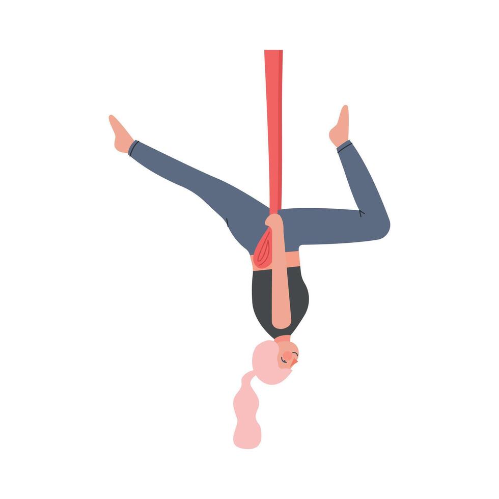 Girl Doing Air Yoga, Slim Young Woman in Sportswear Practicing Inverted Asana with Hammock, Healthy Lifestyle, Fitness Workout Concept Cartoon Style Illustration vector