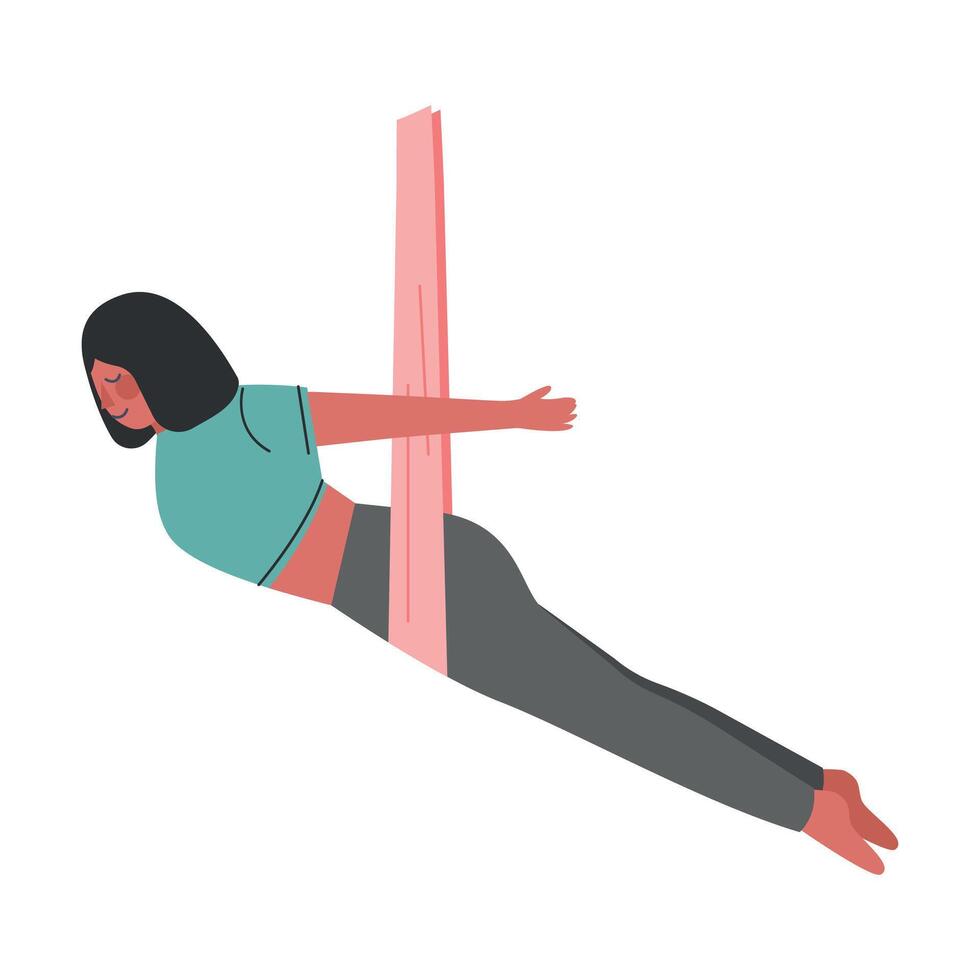 Girl Doing Air Yoga, Slim Young Woman Practicing Flying Anti Gravity Yoga and Balancing with Hammock, Healthy Lifestyle Concept Cartoon Style Illustration vector