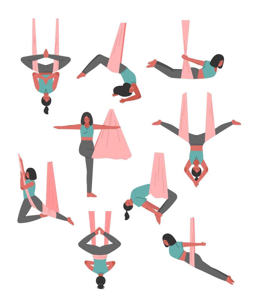 Girl Doing Air Yoga Set, Slim Young Woman Practicing Flying Anti Gravity Yoga with Hammock, Healthy Lifestyle Concept Cartoon Style Illustration vector