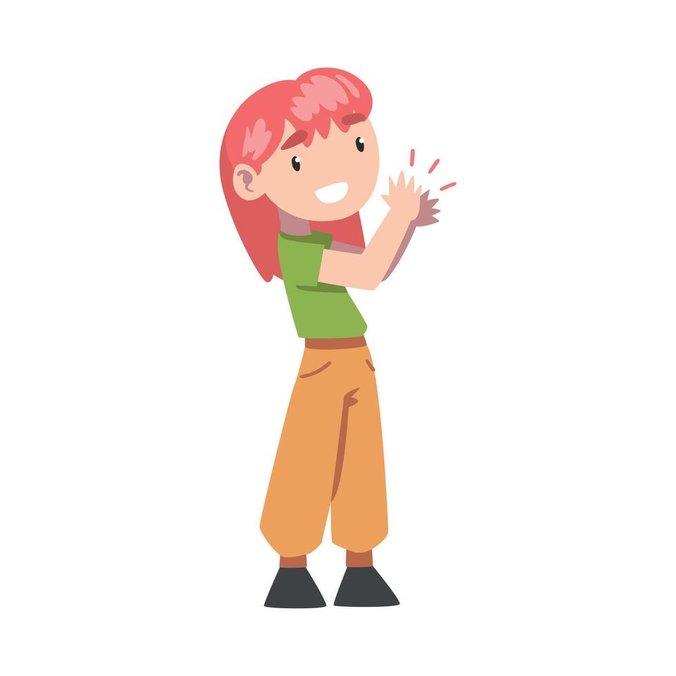 Cute Redhead Little Girl Clapping her Hands, Adorable Kid Expressing Enjoyment, Appreciation, Delight Cartoon Style Illustration vector