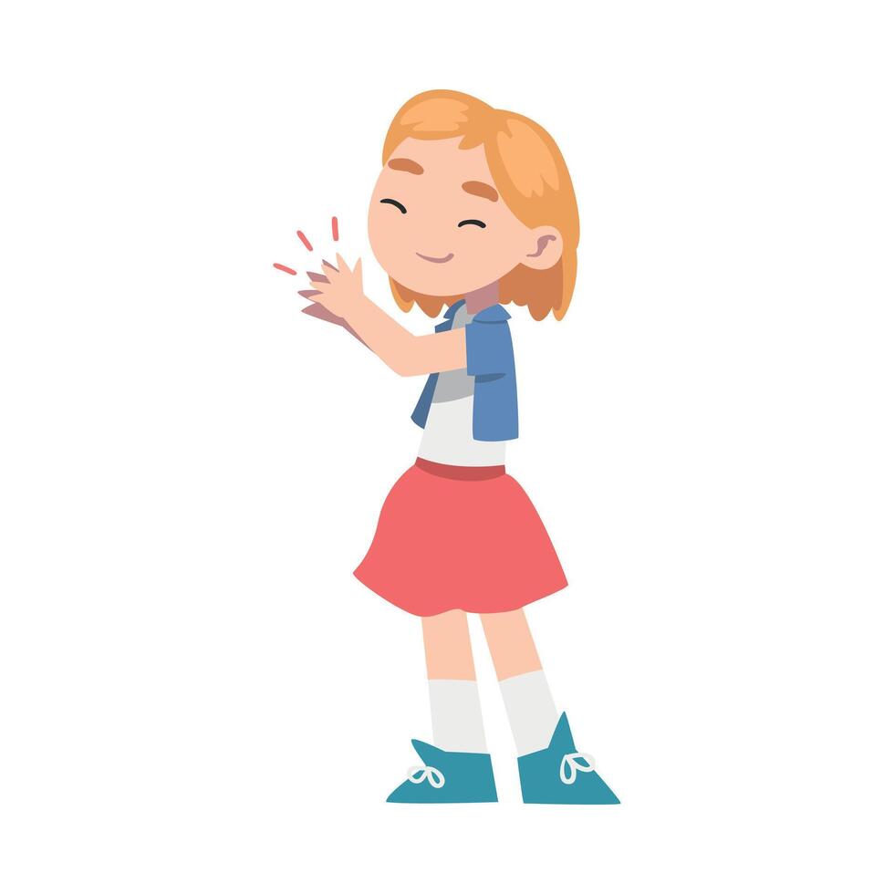 Cute Happy Little Girl Clapping her Hands, Adorable Girl in Dress Expressing Enjoyment, Appreciation, Delight Cartoon Style Illustration vector