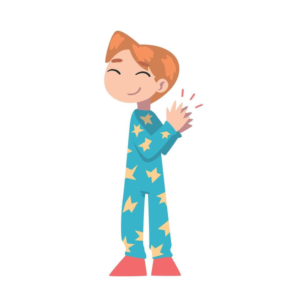 Cute Little Boy Clapping his Hands, Happy Kid Wearing Pajamas Expressing Enjoyment, Appreciation, Delight Cartoon Style Illustration vector