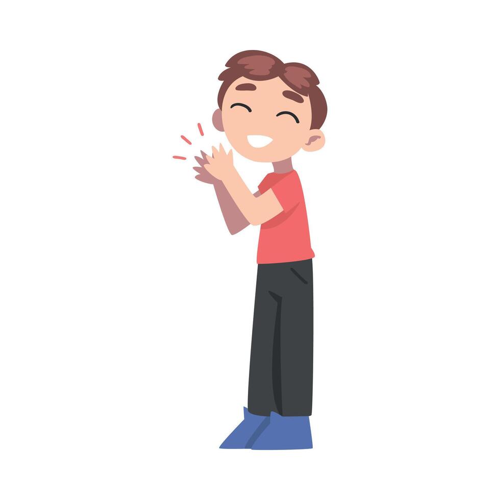 Joyful Boy Clapping his Hands, Happy Kid Applauding Expressing Enjoyment, Appreciation, Delight Cartoon Style Illustration vector