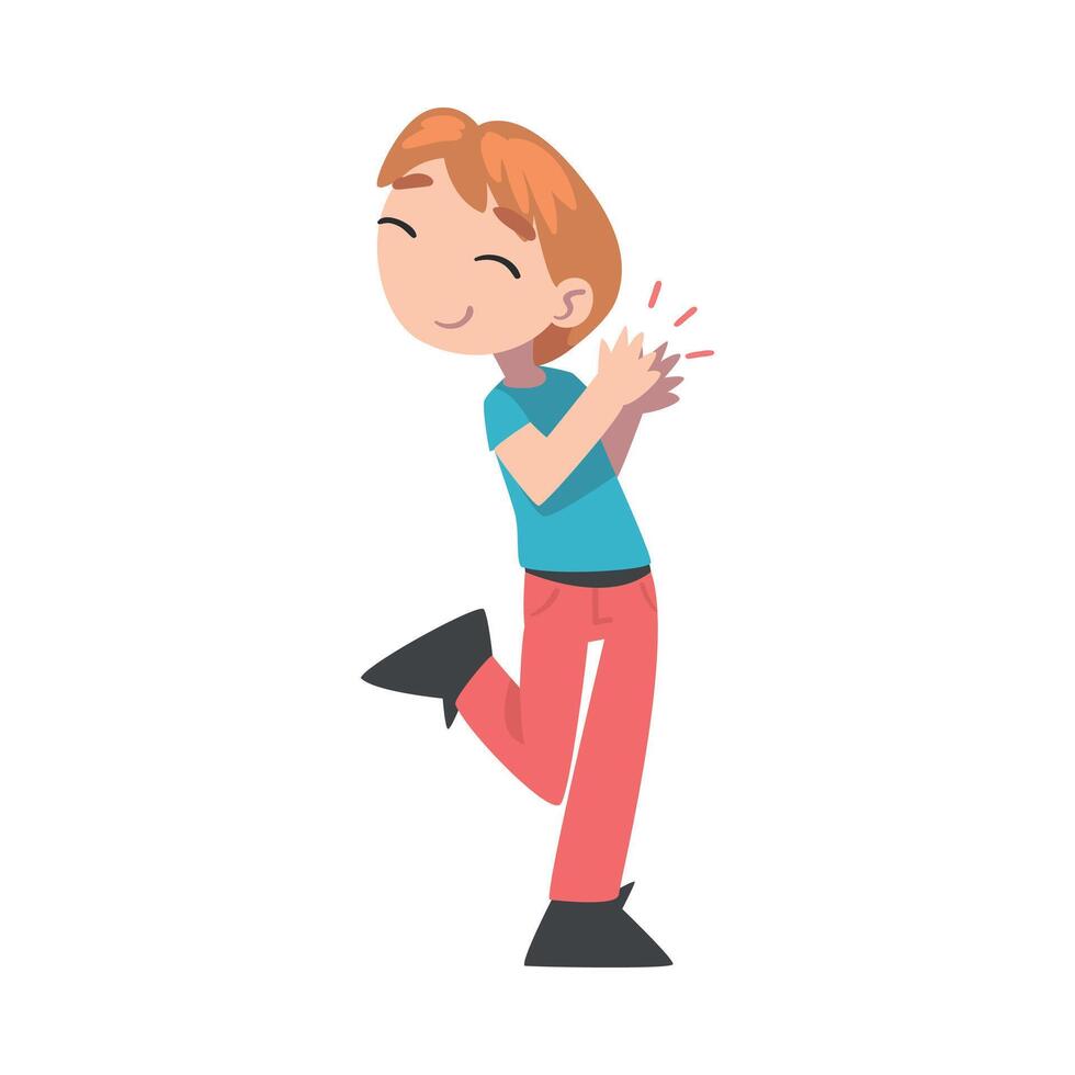 Cute Happy Boy Clapping his Hands, Lovely Kid Expressing Enjoyment, Appreciation, Delight Cartoon Style Illustration vector
