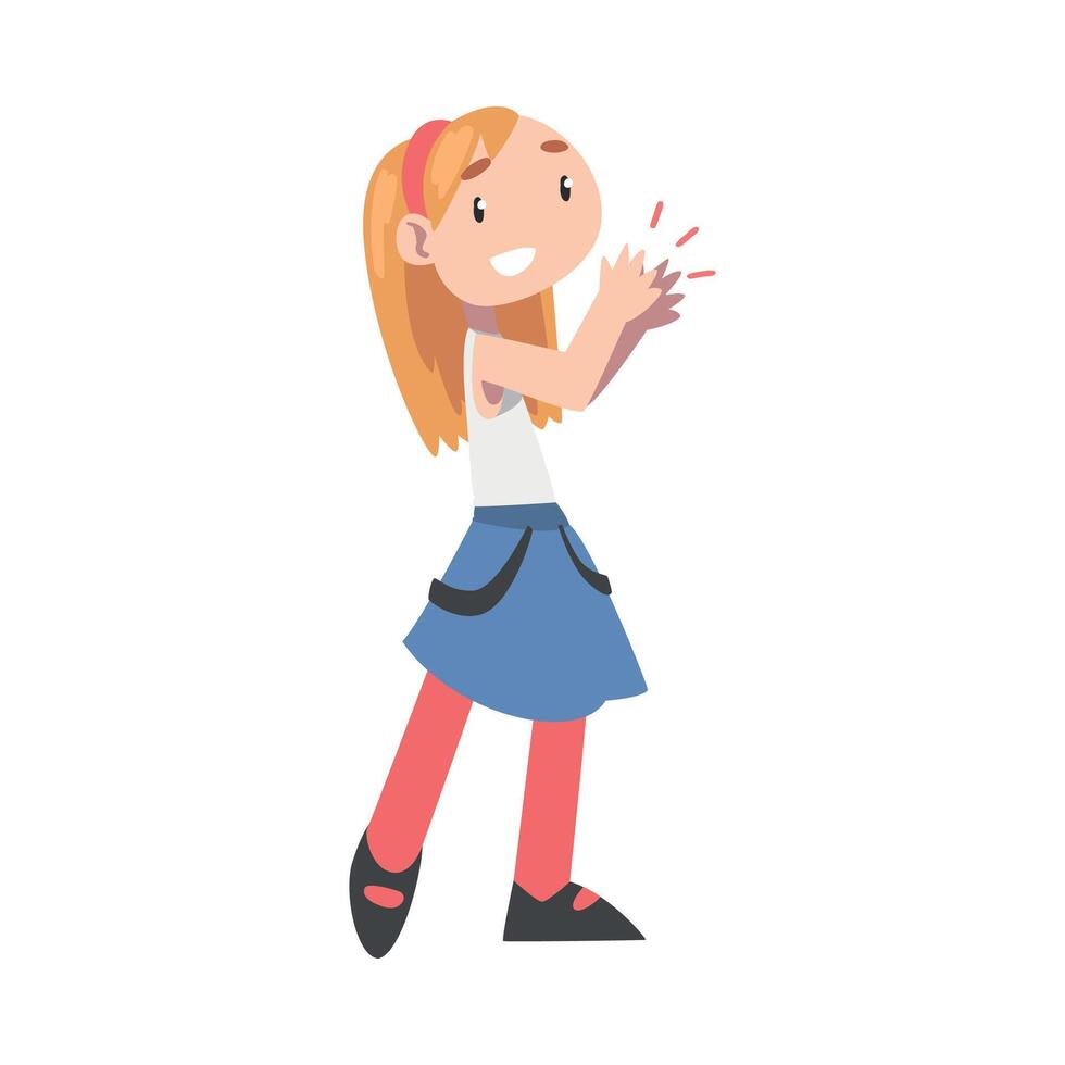 Happy Little Girl Clapping her Hands, Smiling Kid in Dress Applauding Expressing Enjoyment, Appreciation, Delight Cartoon Style Illustration vector