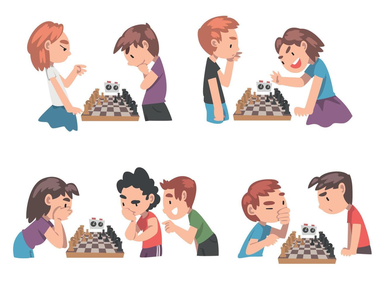 Cute Children Playing Chess Game Set, Boys and Girls Competing in Tournament, Leisure Activity, Logic Game for Brain Development Concept Cartoon Style Illustration vector