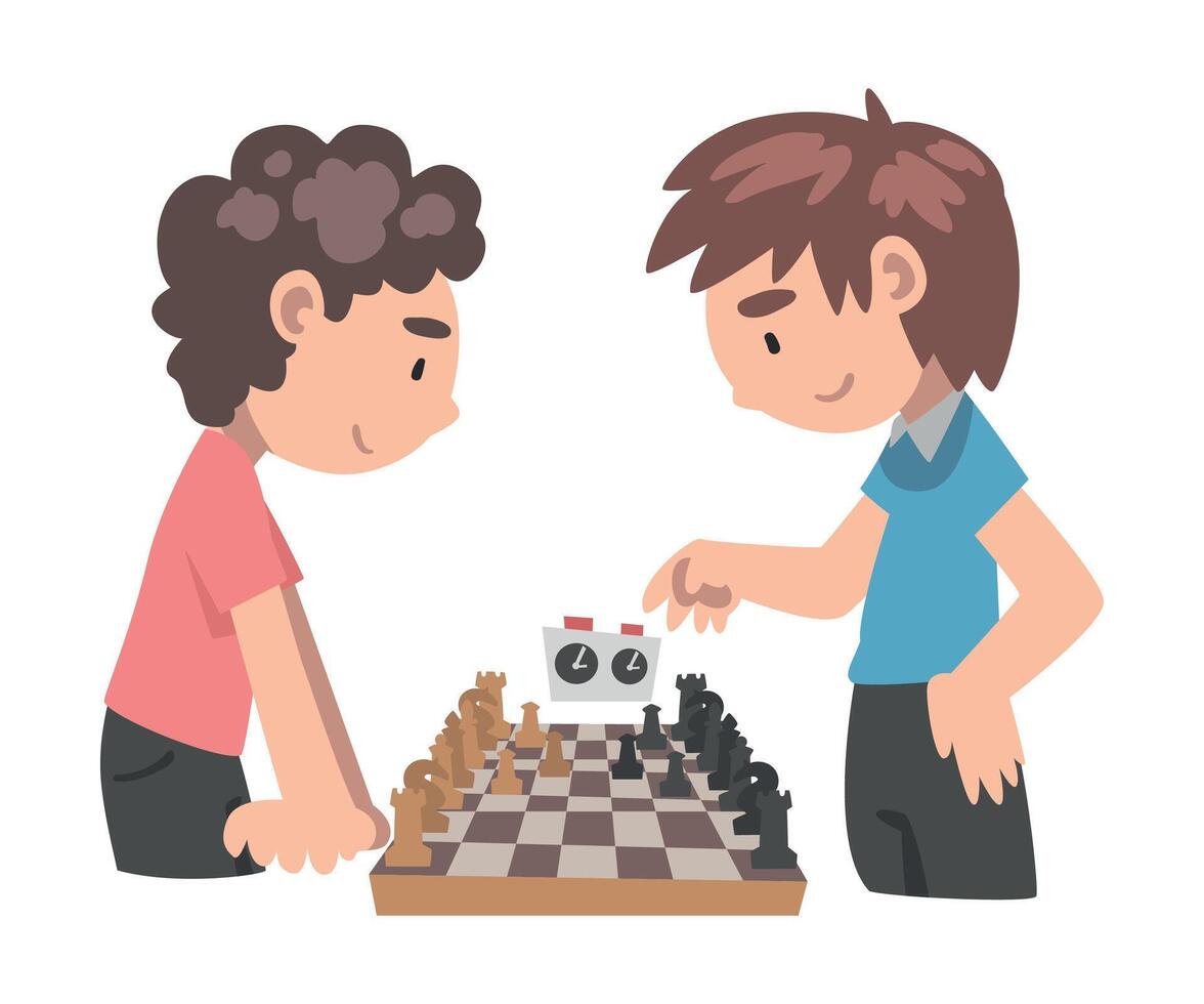 Two Boys Playing Chess Game, Kids Competing in Club or Tournament, Leisure Activity, Logic Game for Brain Development Concept Cartoon Style Illustration vector