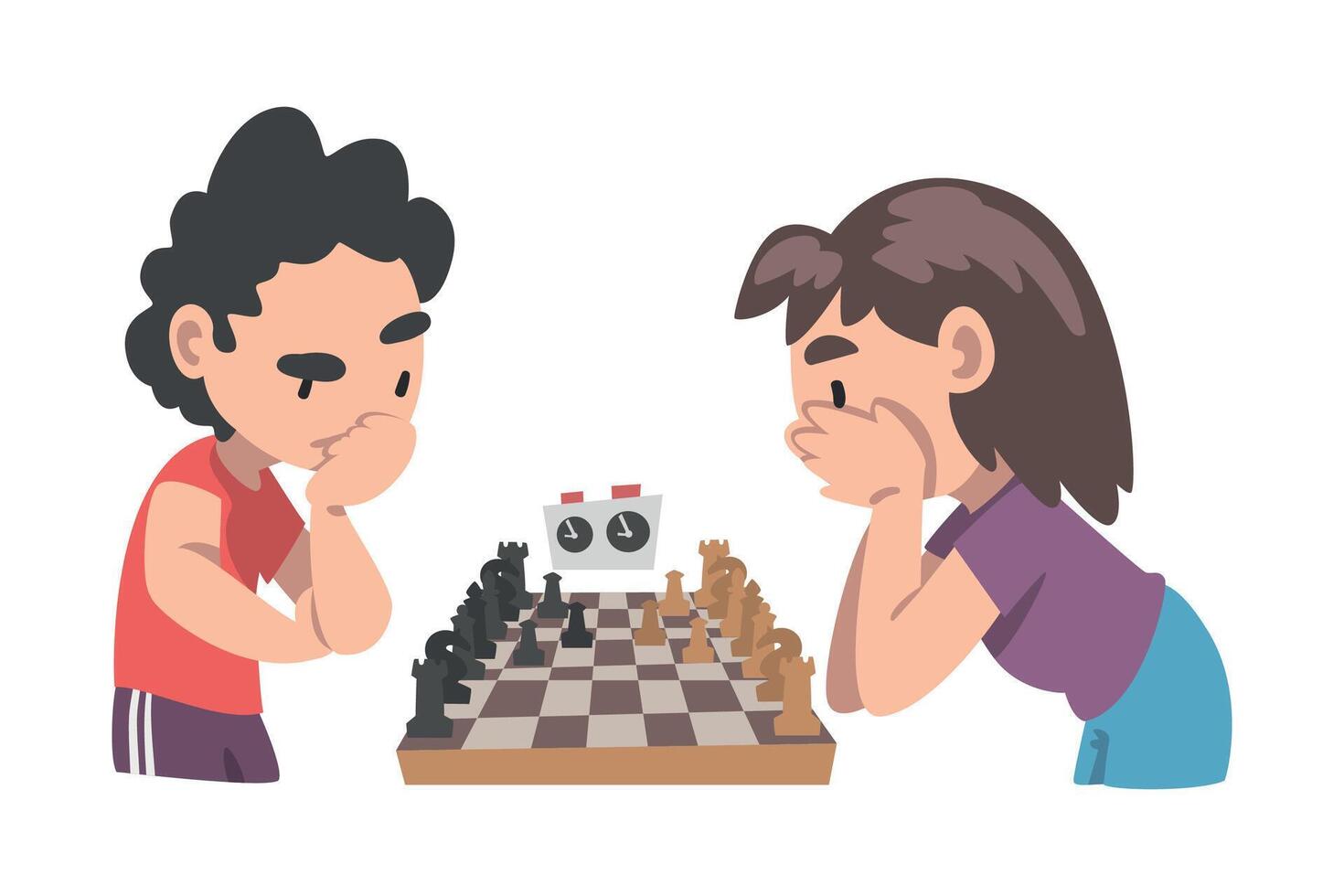Ywo Boys Playing Chess Game at Chess Club or Tournament, Logic Game for Brain Development Cartoon Style Illustration vector