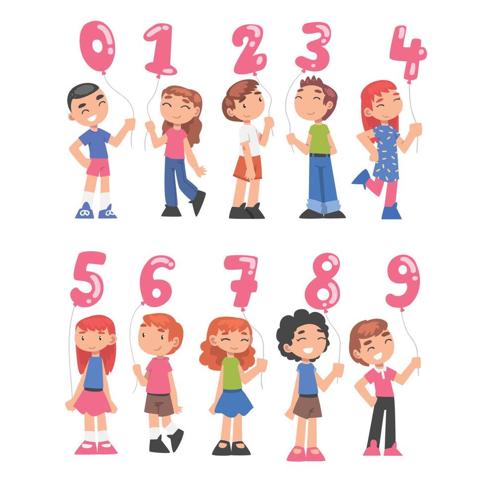 Cute Boys and Girls Holding Pink Balloons Shaped as Numbers Cartoon Style Illustration vector