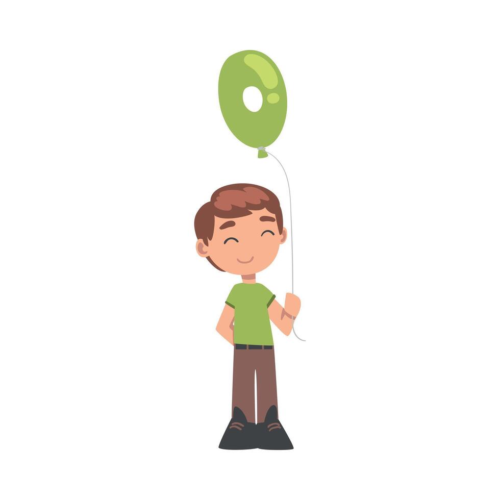 Cute Boy Holding Green Balloon Shaped as 0 Number Cartoon Style Illustration vector