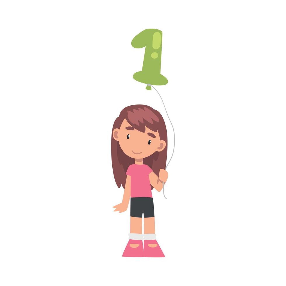 Cute Girl Holding Green Balloon Shaped as 1 Number Cartoon Style Illustration vector