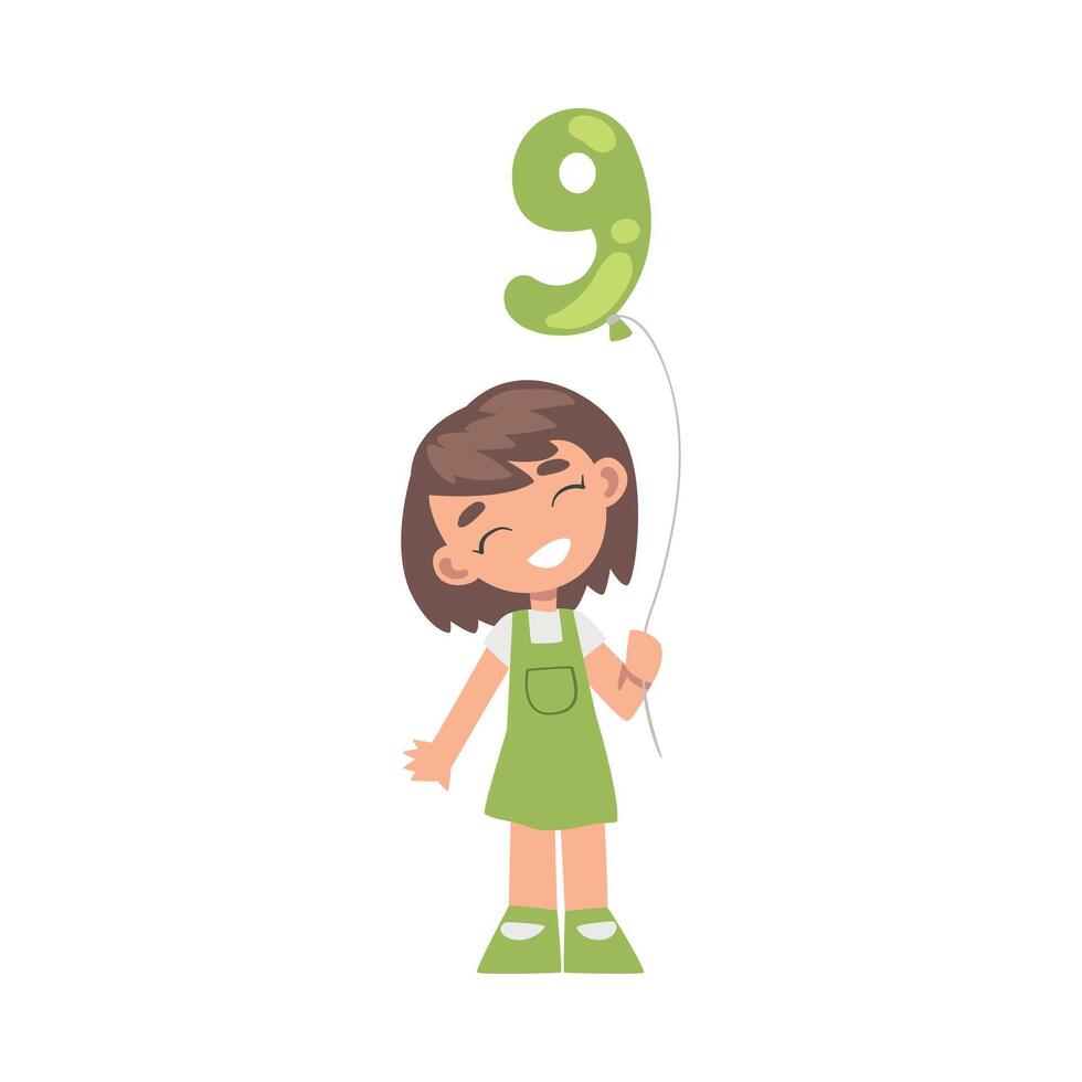 Cute Girl Holding Green Balloon Shaped as 9 Number Cartoon Style Illustration vector