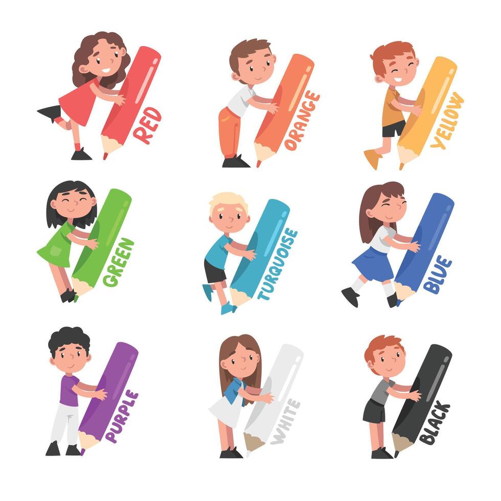 Tiny Girl Holding Huge Colored Pencils Set, Cute Girls and Boys in Colorful Clothes Drawing with Large Crayons Cartoon Style Illustration vector