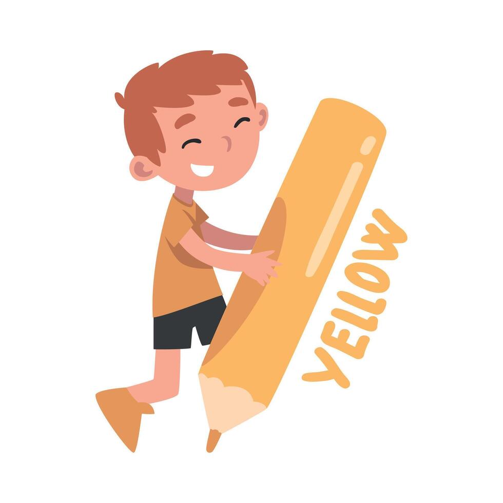 Tiny Boy Holding Huge Yellow Pencil, Cute Kid Drawing with Large Crayon Cartoon Style Illustration vector
