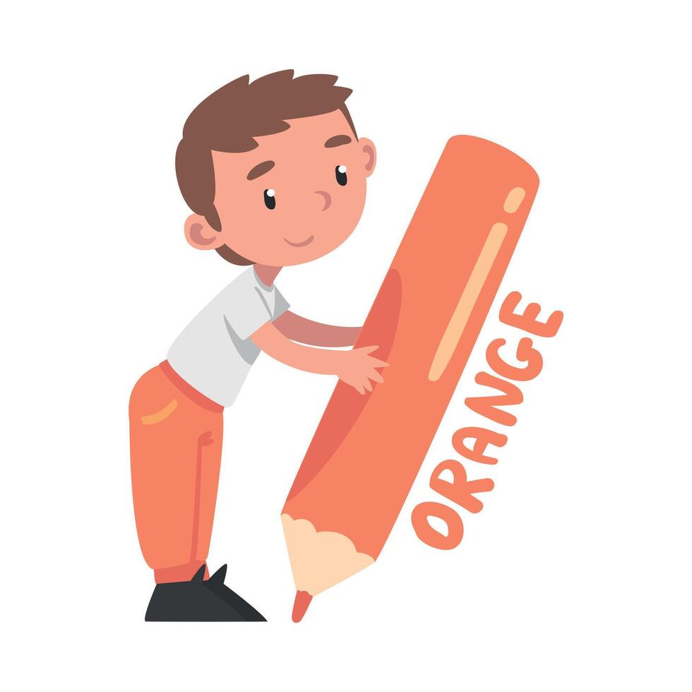 Tiny Boy Holding Huge Orange Pencil, Cute Kid Drawing with Large Crayon Cartoon Style Illustration vector