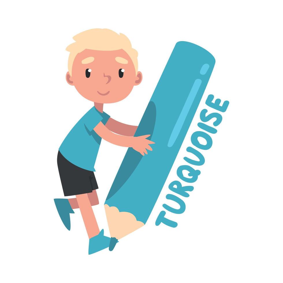 Tiny Boy Holding Huge Turquoise Pencil, Cute Kid in Turquoise T-shirt and Black Shorts Drawing with Large Crayon Cartoon Style Illustration vector
