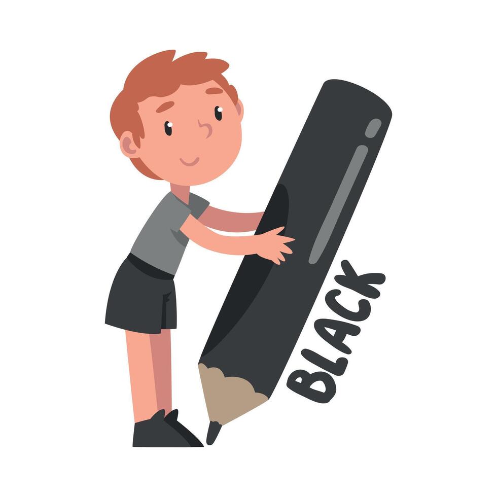 Tiny Boy Holding Huge Black Pencil, Cute Kid Wearing Gray T-shirt and Black Shorts Drawing with Large Crayon Cartoon Style Illustration vector