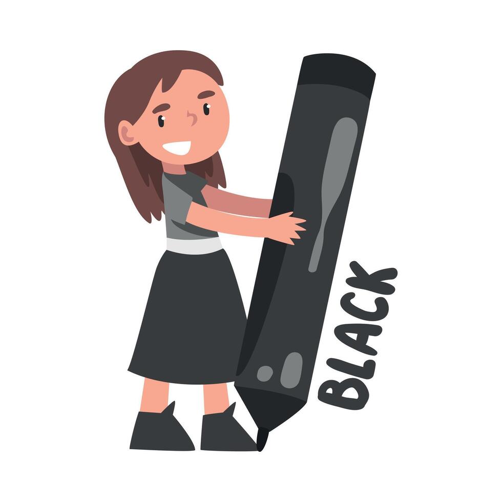 Tiny Girl Holding Huge Black Pencil, Cute Girl in Black Dress Drawing with Large Crayon Cartoon Style Illustration vector