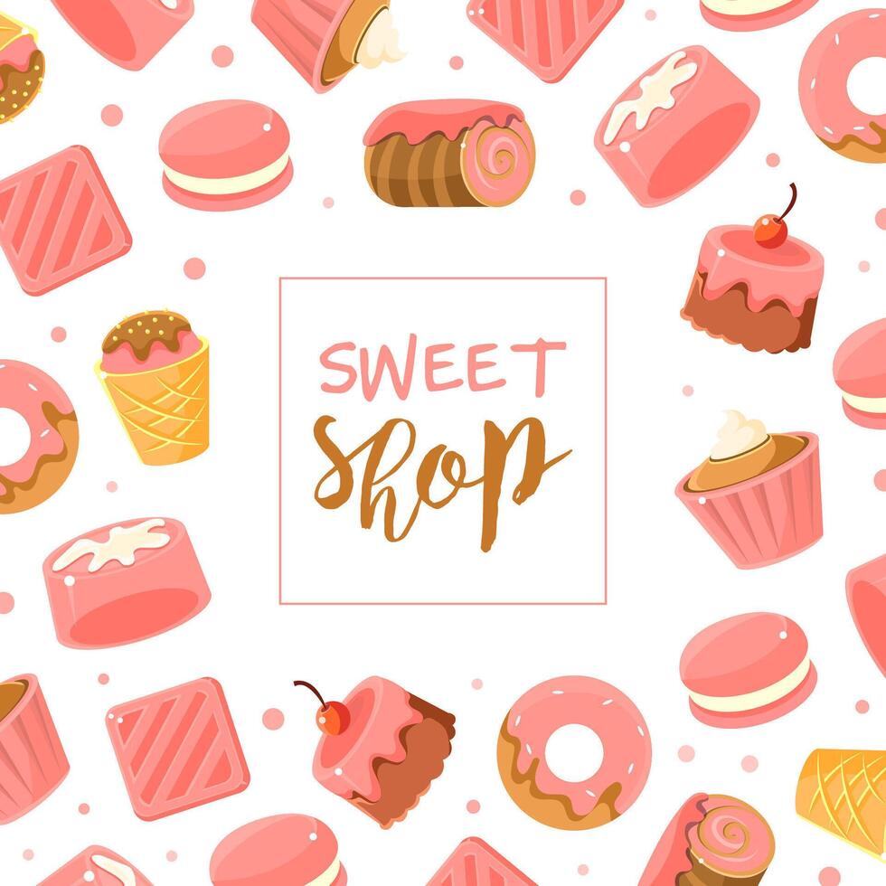 Sweet Shop Banner Template, Bakery, Candy Shop, Cafe, Confectionery Card, Flyer, Poster, Flyer Design Cartoon Illustration vector