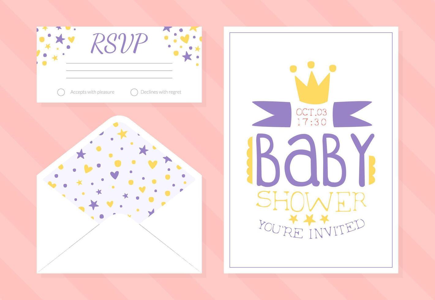 Baby Shower Invitation Card Template, Envelope, Thank You and Rsvp Cards Design in Pastel Colors Illustration vector