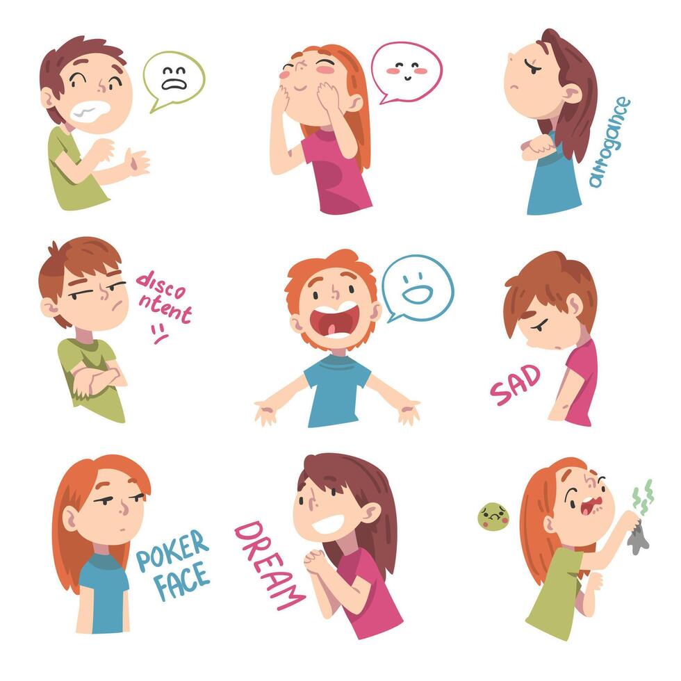 Children with Different Facial Expressions Set, Boys and Girls Showing Various Emotions Cartoon Style Illustration vector