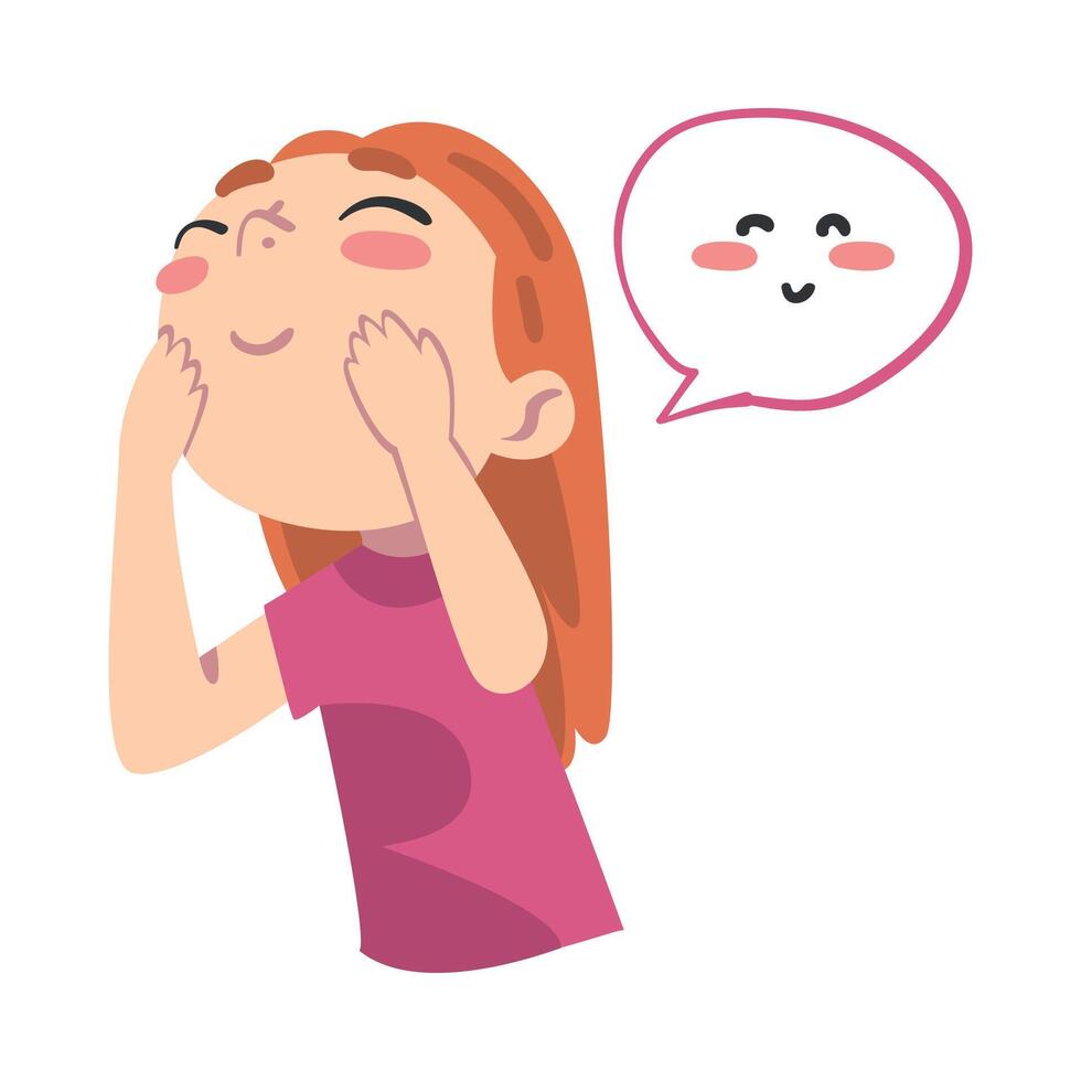 Cute Shy Girl, Kid with Cute Face with Pink Blushing Cheeks in Speech Bubble Cartoon Style Illustration vector
