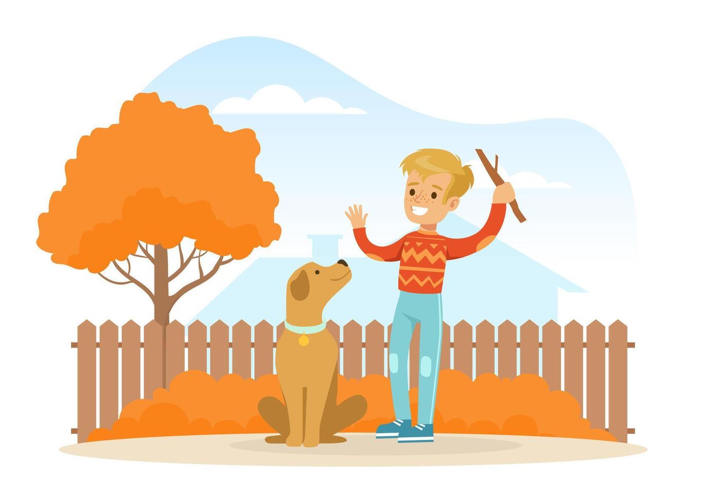 Smiling Boy Training Dog on Backyard, Kid Playing with Pet Animal on Autumn Landscape Cartoon Illustration vector