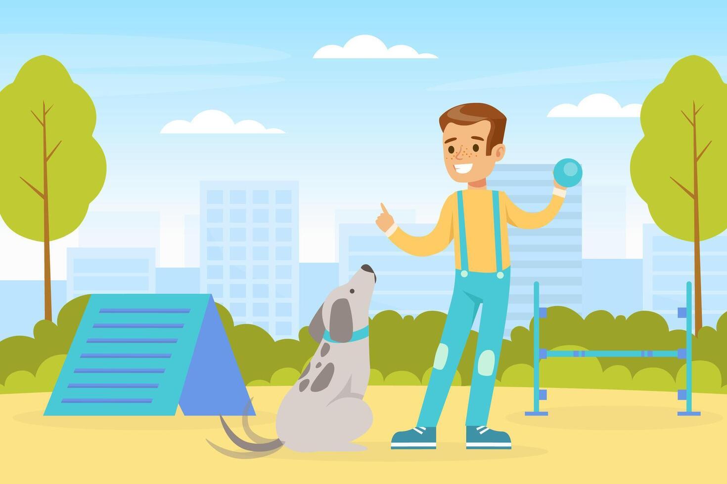 Smiling Boy Training Dog on Playground, Kid Playing with Pet Animal on Summer Landscape Cartoon Illustration vector