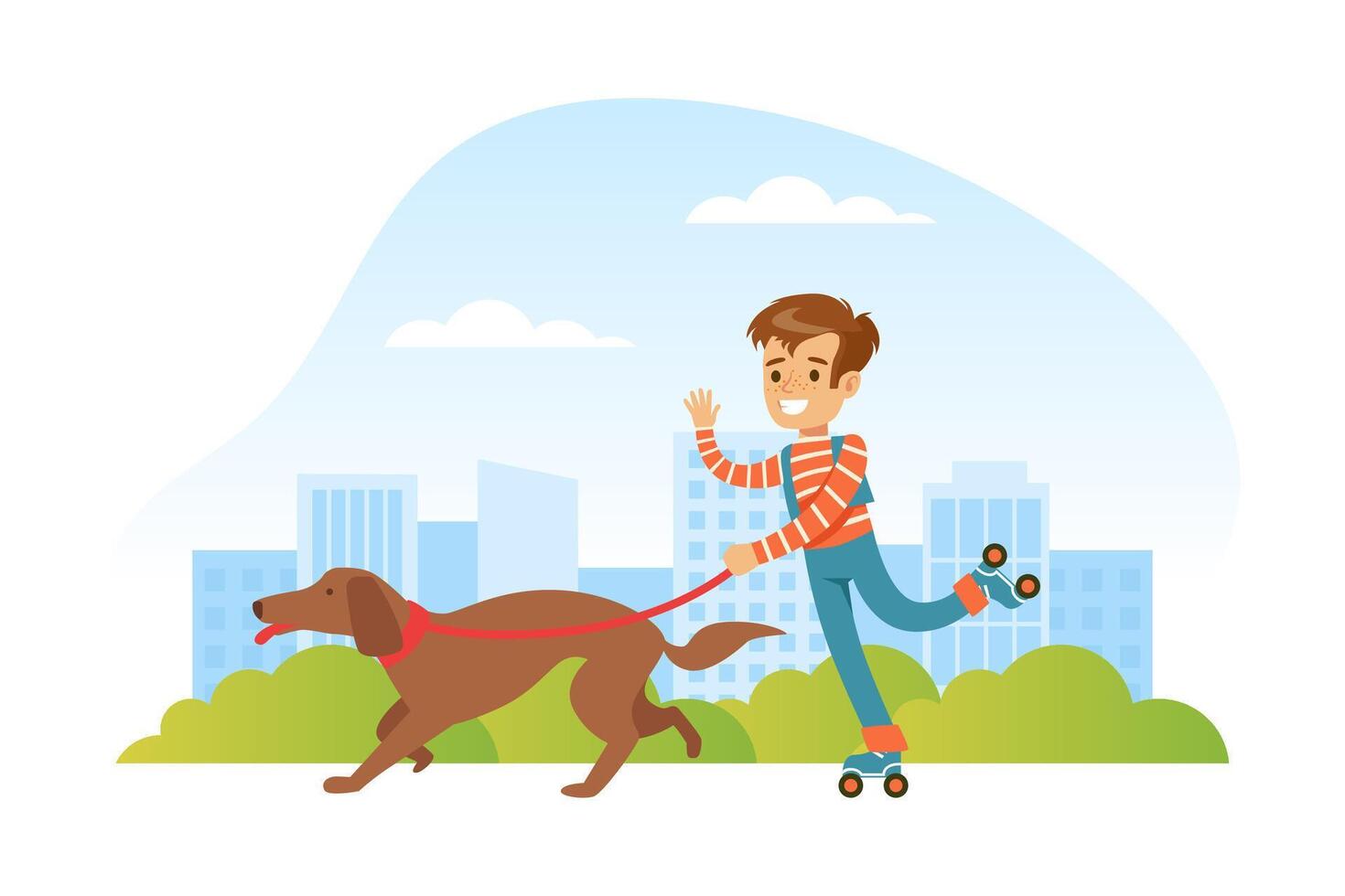 Happy Boy Walking with his Dog in Urban Park, Pet Animal Dragging Rollerblading Boy on Summer Landscape Cartoon Illustration vector