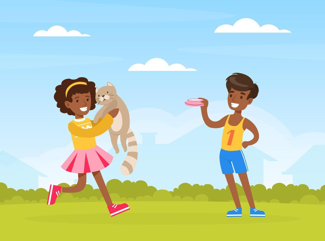 Happy African American Boy and Girl Playing with Cat Outdoors, Kids Having Fun and Feeding Pet Animal on Green Summer Landscape Cartoon Illustration vector