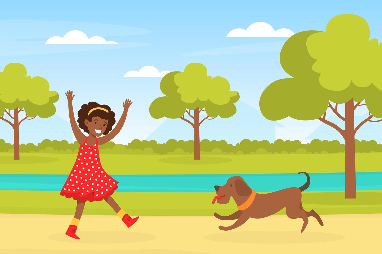 Happy African American Girl Playing with her Dog in Urban Park, Kid Having Fun with Pet Animal on Summer Landscape Cartoon Illustration vector
