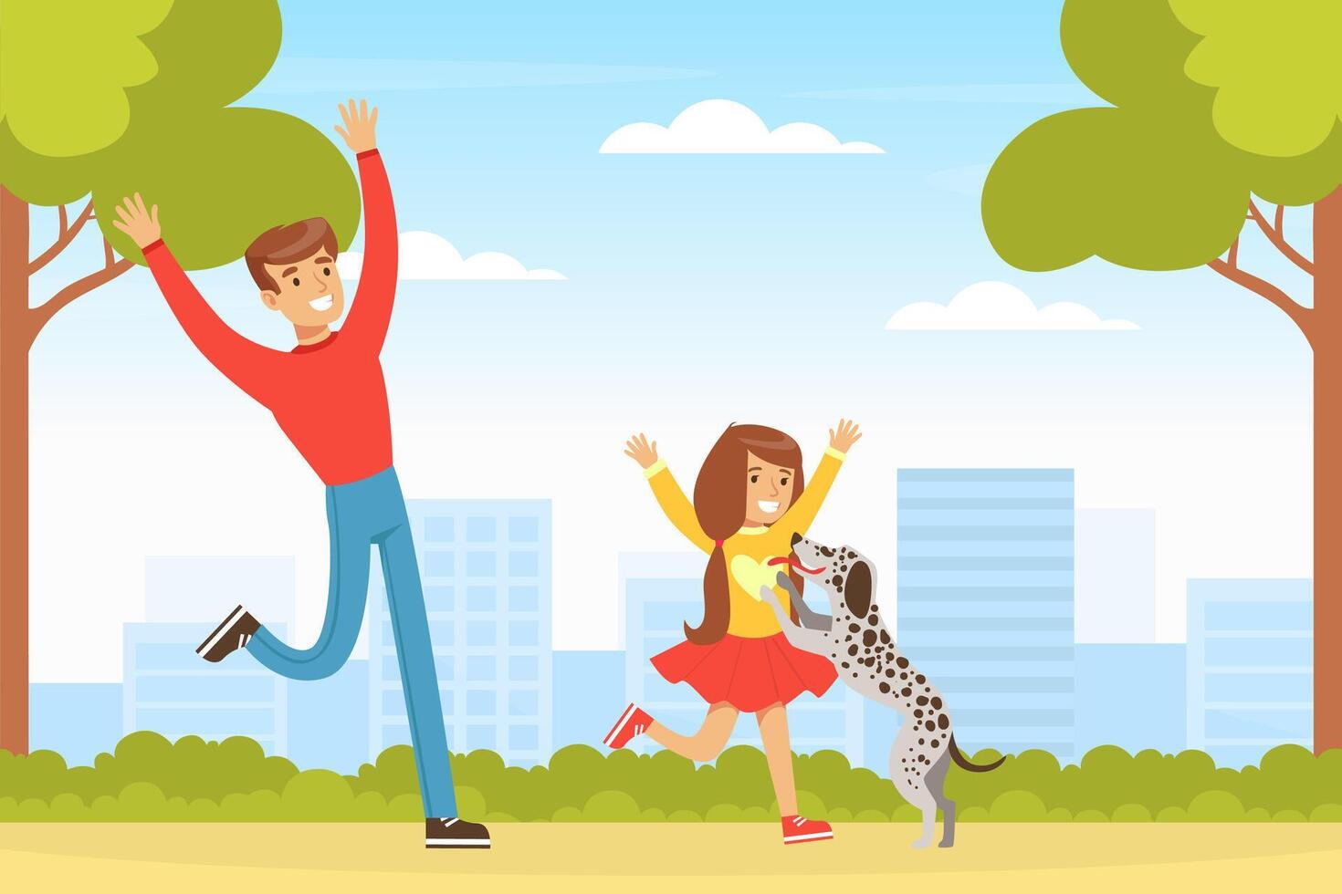 Father and Happy Girl Walking with Dog Outdoors in Park, Kid Having Fun with Pet Animal on Summer Landscape Cartoon Illustration vector