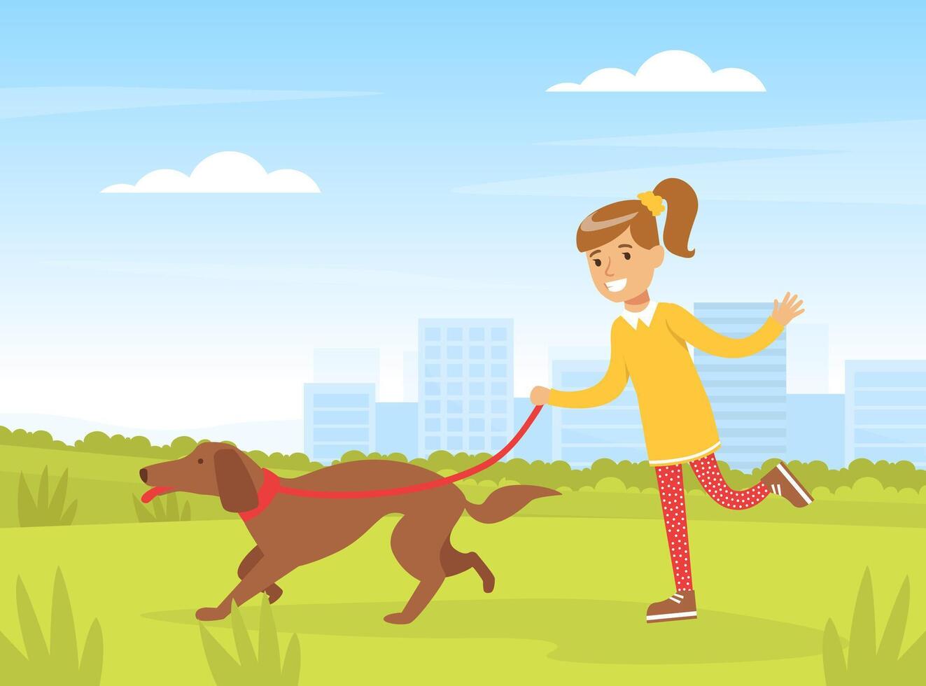 Happy Girl Walking with her Dog Outdoors, Kid Having Fun with Pet Animal on Summer Landscape Cartoon Illustration vector