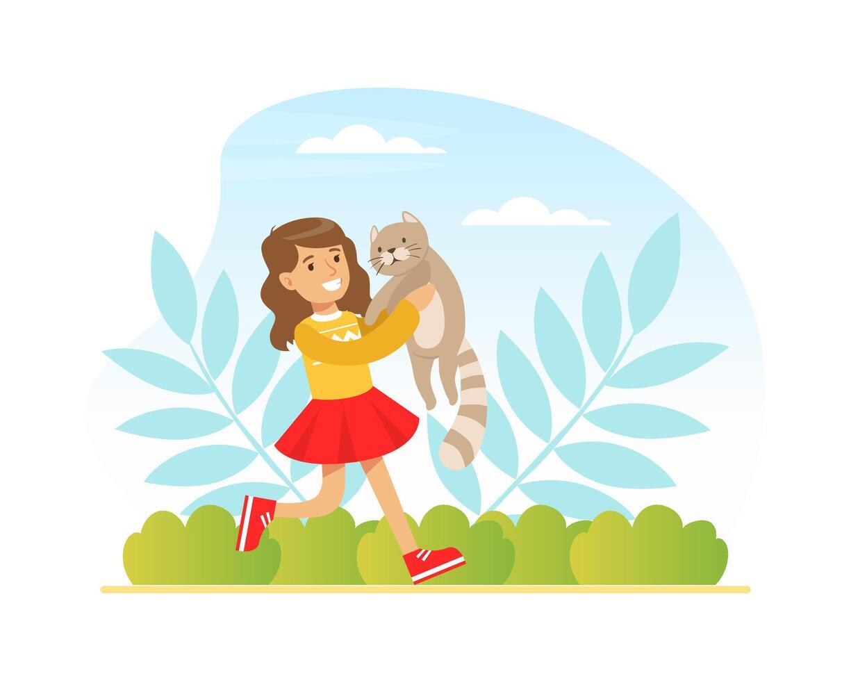 Happy Girl Playing with her Cat Outdoors, Cute Kid Having Fun with Pet Animal on Summer Landscape Cartoon Illustration vector