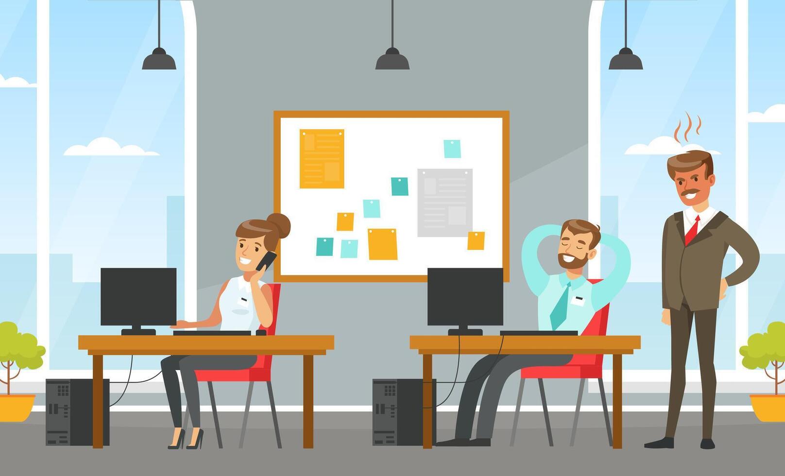 Business People Characters Working at Computers, Office Indoor Space Interior with Employees Flat Style Illustration vector