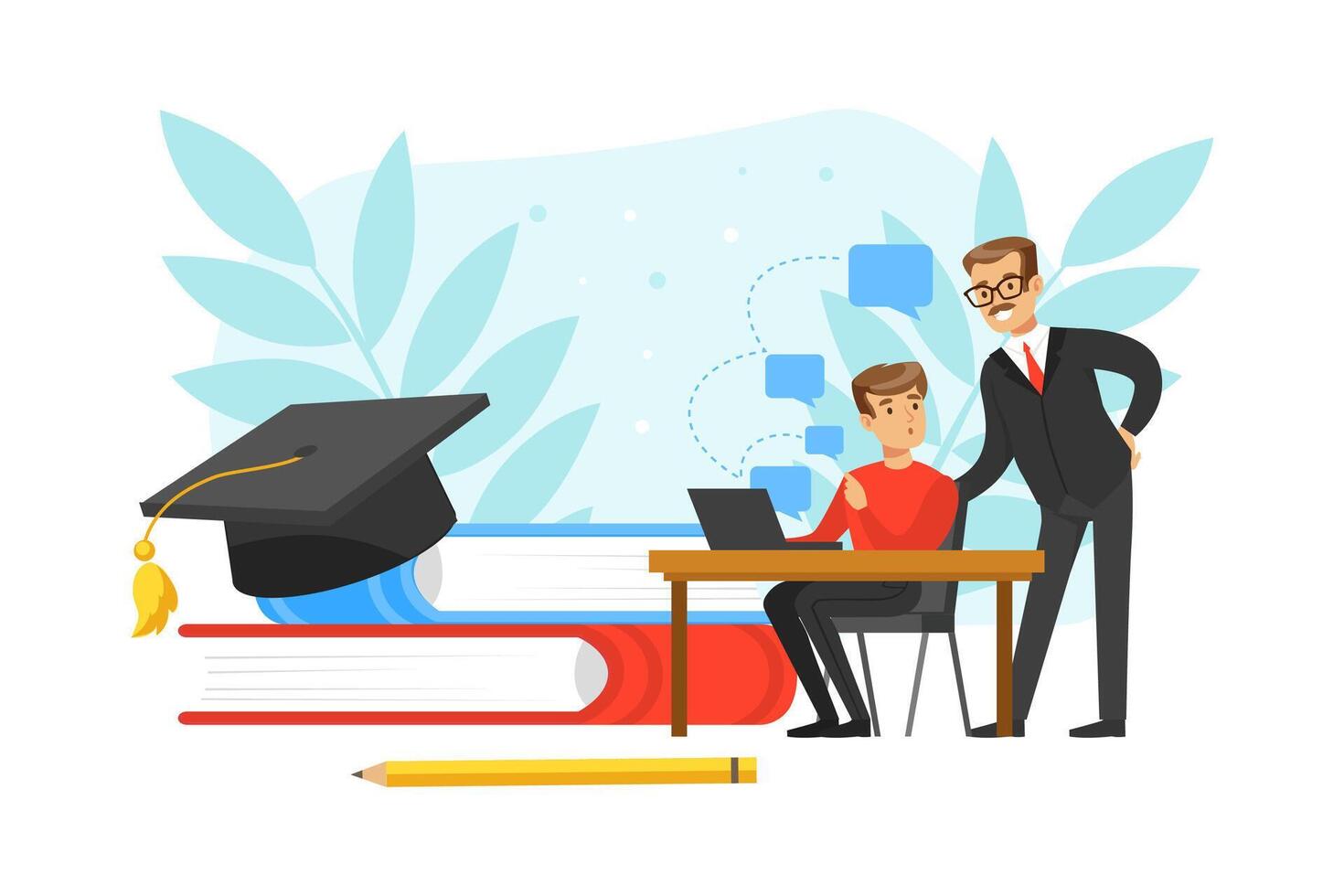 Businessman Chief Looking over Shoulder of Employee Working on Computer, Mentor Training New Worker at Desk Flat Illustration vector
